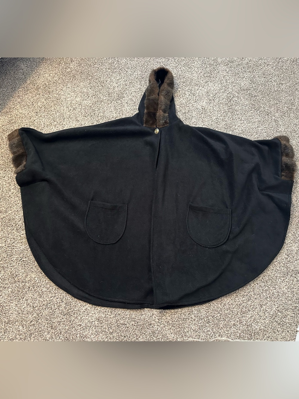 Women’s Black Hooded Cape Coat with Faux Fur Trim